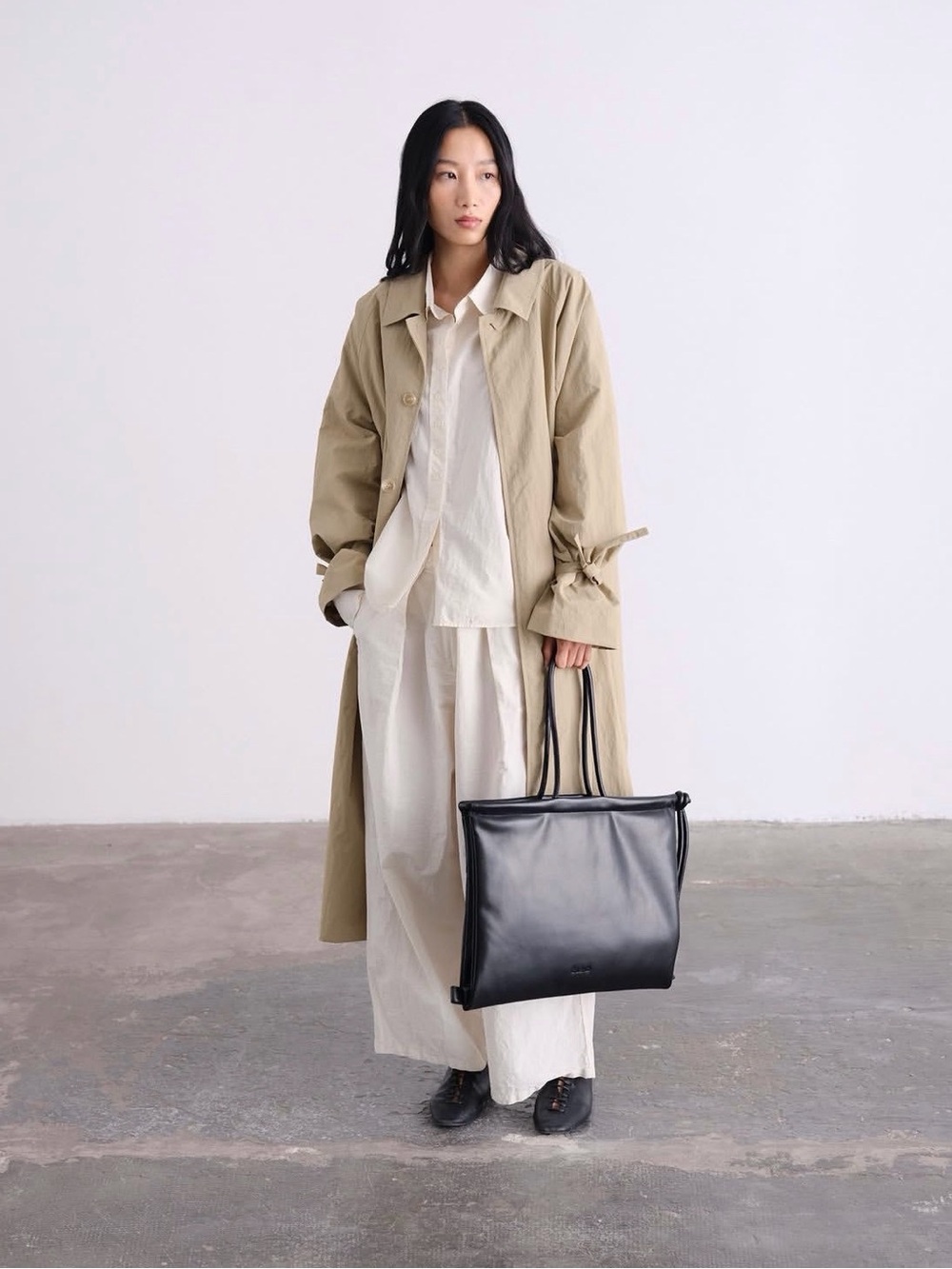 Classic Black Leather Tote with Slim Double Handles
